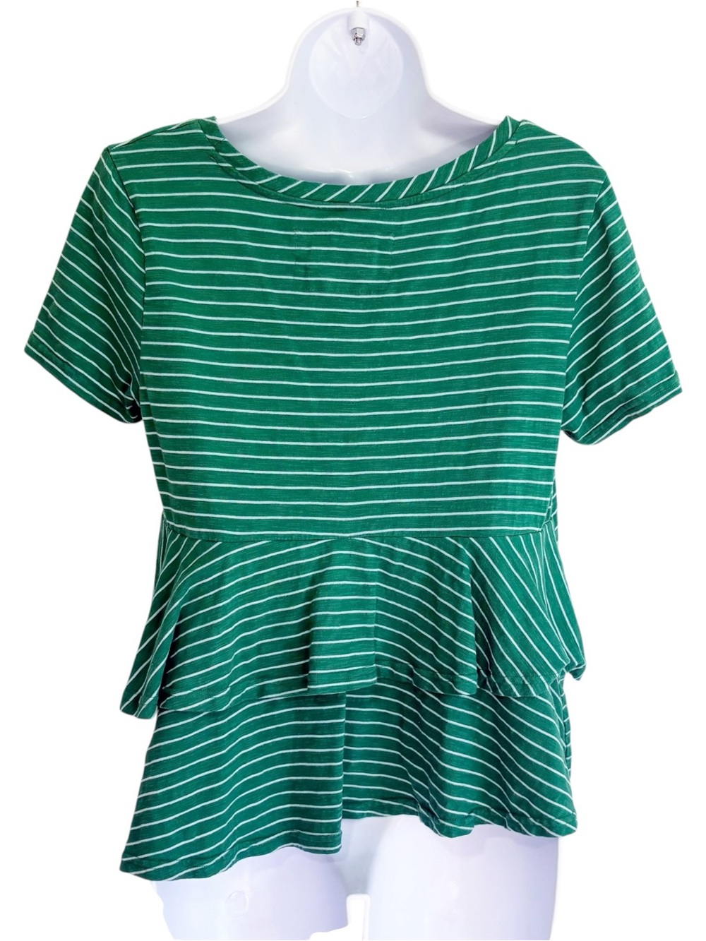 ANTHROPOLOGIE Green Striped Tiered Ruffle Hem Cotton Top Shirt Medium - Picture 3 of 8